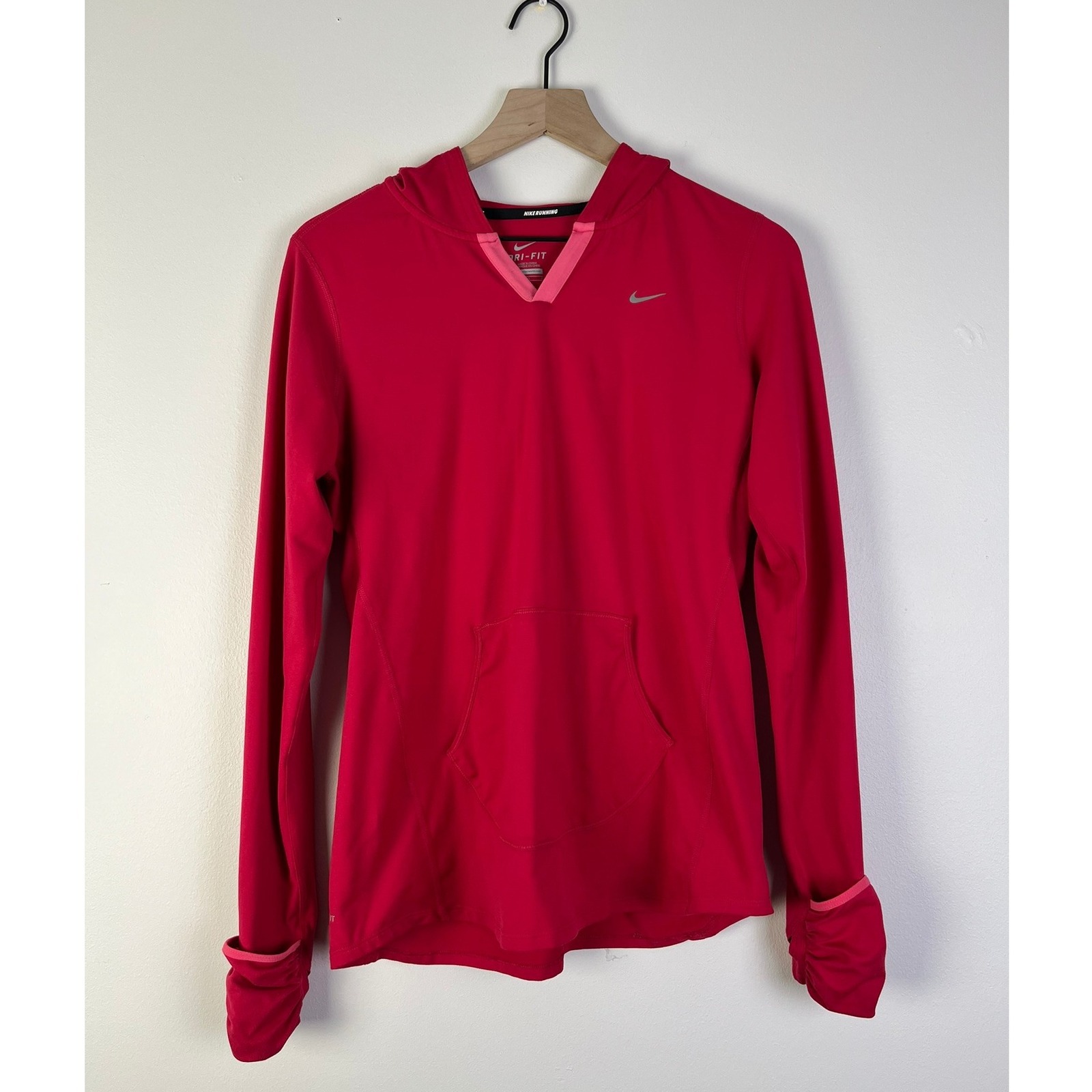 Nike Running Hoodie Barbie Hot Pink Red Pullover Dri-Fit Thumb Holes Top Large